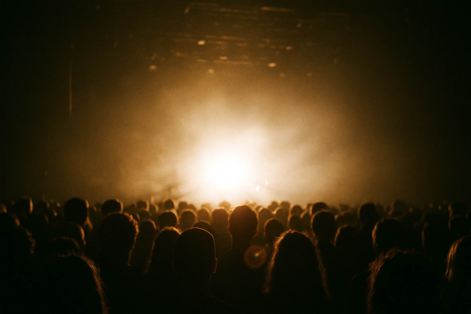 Crowd facing a brightly lit stage as the house lights go down